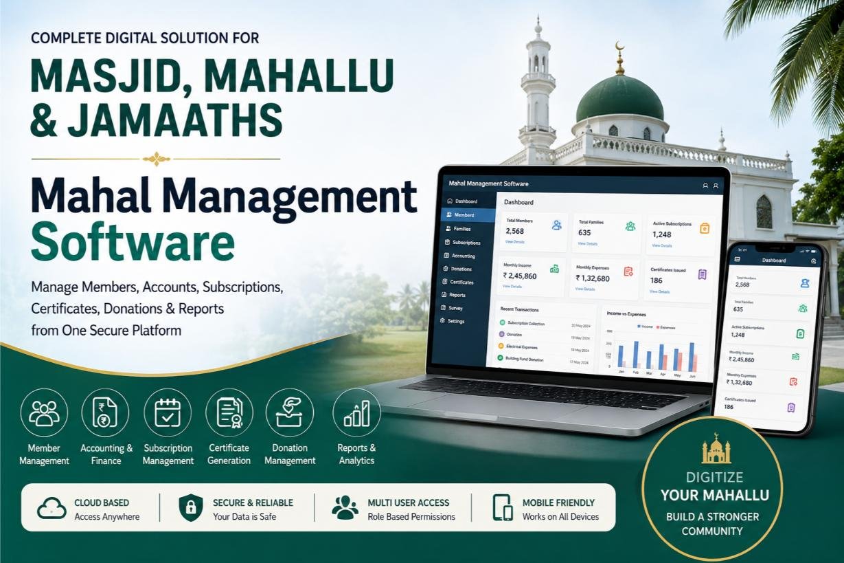 Mahal Management Software dashboard for Masjid and Mahallu administration